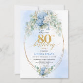 Invitation élégante bleue florale pour 80e anniver (Devant)