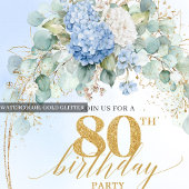 Invitation élégante bleue florale pour 80e anniver