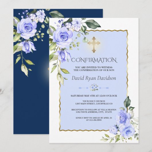 Invitation Elégante Blue Flowers Gold Cross Boy Confirmation (Devant / Derrière)