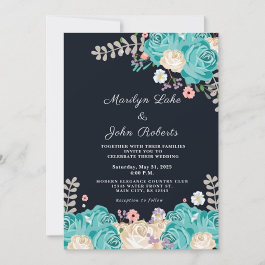 Invitation Elégante Blue Flowers Mariage Floral Navy (Devant)