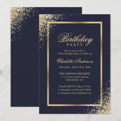 Invitation Elégante Blue Gold Confetti fête d'anniversaire (Devant / Derrière)
