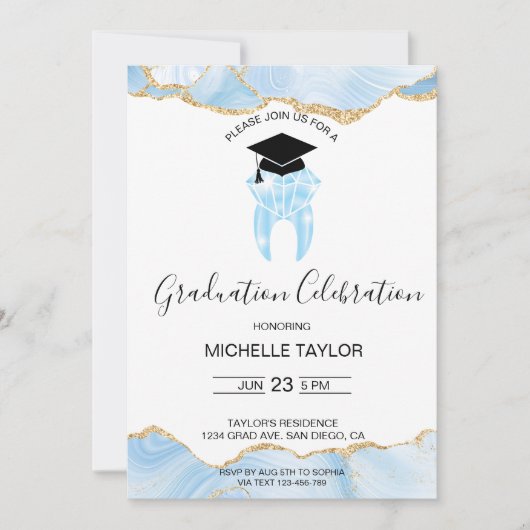Invitation Élégante Blue Gold Dental Dentist Dentist Gradust (Devant)