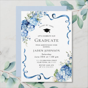 Invitation Élégante Blue Hydrangea Bow Ribbon Party