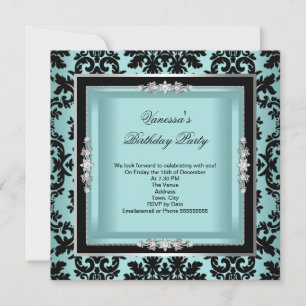 Invitation Elégante Blue Silver Damask Black Birthday Party