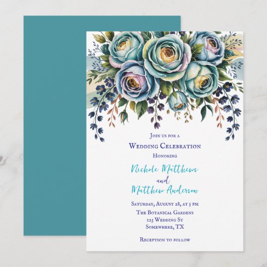 Invitation Elégante Blue Turquoise Floral Mariage Célébration (Devant / Derrière)