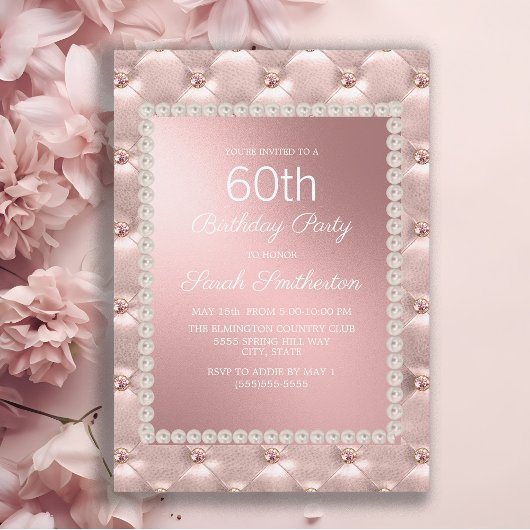 Invitation Élégante Blush Pink Blanc 60e fête d'anniversaire