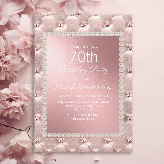 Invitation Elégante Blush Pink Blanc 70e fête d'anniversaire