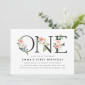 Invitation Elégante Blush rose Floral 1er anniversaire (Debout devant)