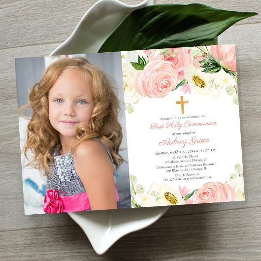 Invitation Elégante blush rose or fille première communion ph
