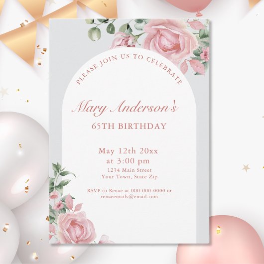 Invitation Elégante Blush Rose Roses 65e fête d'anniversaire