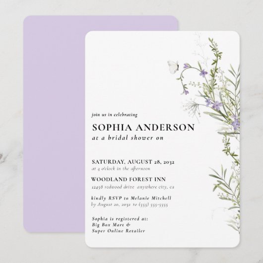 Invitation Elégante Boho Fleur sauvage Floral Fête des mariée (Devant / Derrière)