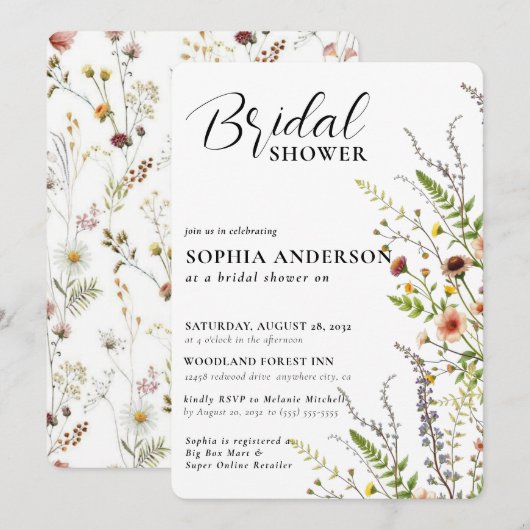 Invitation Elégante Boho Fleur sauvage Floral Fête des mariée (Devant / Derrière)