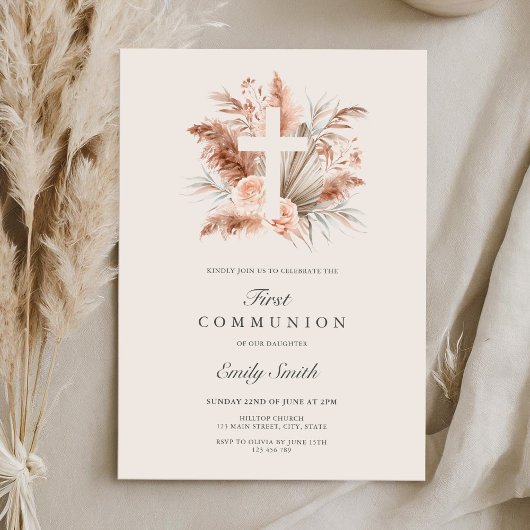 Invitation Élégante Boho Girl Floral First Communion