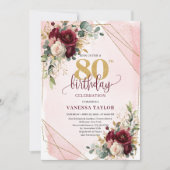 Invitation Elégante Boho Marsala Gold Flowers 80e anniversair (Devant)