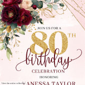 Invitation Elégante Boho Marsala Gold Flowers 80e anniversair