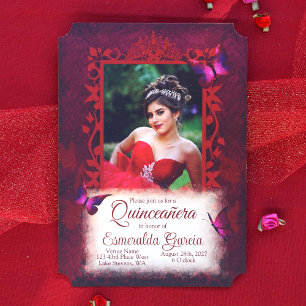 Invitation Elégante bordure de papillon rouge Quinceanera