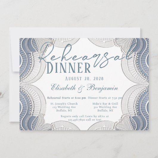 Invitation Elégante bordure dentelle en bleu Dîner de répétit (Devant)
