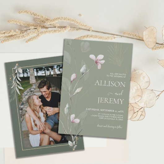 Invitation Elégante Botanique Sage Green Gold Wedding Invitat