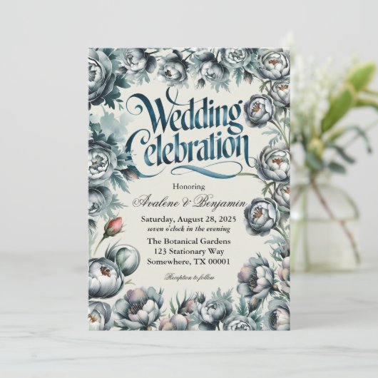 Invitation Elégante Bouquet vert et gris Mariage Célébration (Debout devant)
