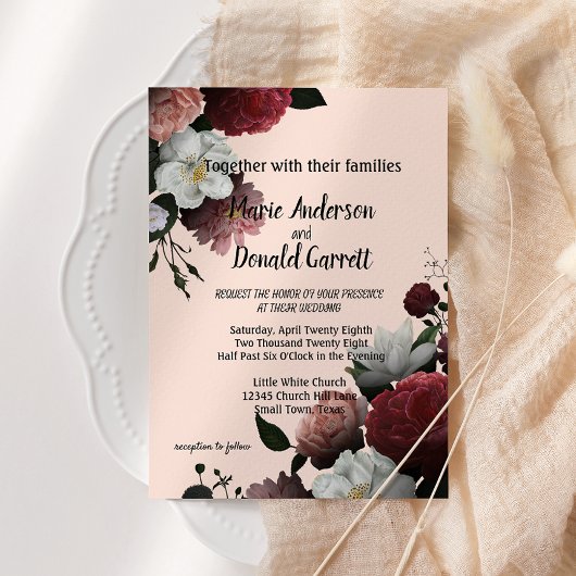 Invitation Elégante Bourgogne et Fleurs Roses