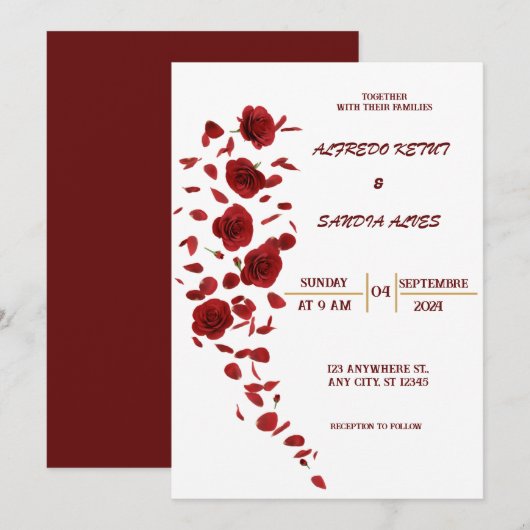 Invitation élégante Bourgogne Fleurs de Crimson Mariage Invit (Devant / Derrière)