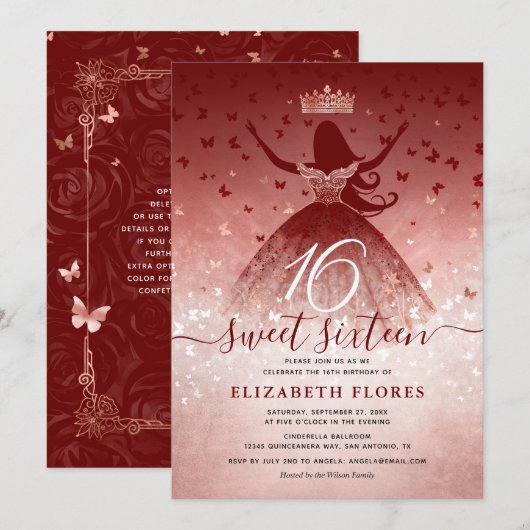 Invitation Elégante Bourgogne Fleurs Rose Gold Sweet 16 (Devant / Derrière)
