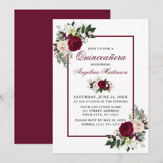 Invitation Elégante Bourgogne Floral Greenery Quinceanera Par (Devant / Derrière)