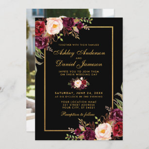 Invitation Elégante Bourgogne Floral Mariage Black Gold Photo