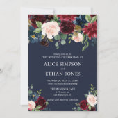 Invitation Elégante Bourgogne Florale Et Bleu Marine (Devant)