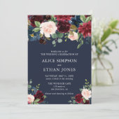 Invitation Elégante Bourgogne Florale Et Bleu Marine (Debout devant)