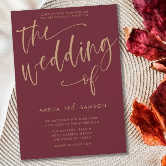 Invitation Élégante Bourgogne & Gold Calligraphie Mariage de