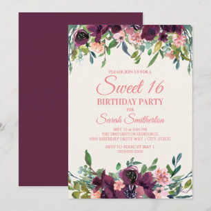 Invitation Elégante Bourgogne rose Aquarelle Floral Sweet 16
