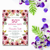 Invitation Elégante Bourgogne violet Rose verdure Anniversair