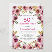 Invitation Elégante Bourgogne violet Rose verdure Anniversair (Devant)