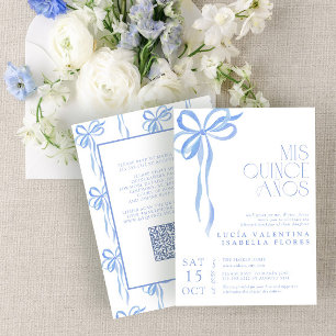 Invitation Elégante Bow Bleu QR Mis Quince Años Quinceañera