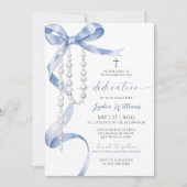 Invitation Élégante Bow Bleue & Dédication Rosaire (Devant)