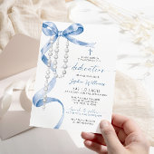 Invitation Élégante Bow Bleue & Dédication Rosaire