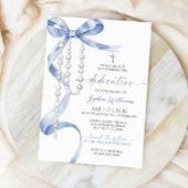 Invitation Élégante Bow Bleue & Dédication Rosaire