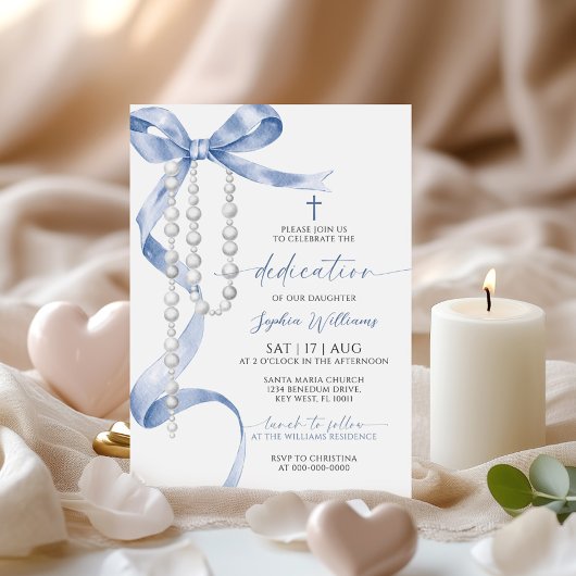 Invitation Élégante Bow Bleue & Dédication Rosaire