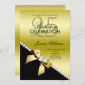 Invitation Elégante Bow Diamond, Gold & Black Anniversaire (Devant / Derrière)