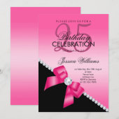Invitation Elégante Bow Diamond, Hot Rose & Black Anniversair (Devant / Derrière)