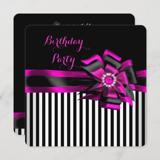 Invitation Élégante Bow noir rose rayé fête d'anniversaire (Devant / Derrière)