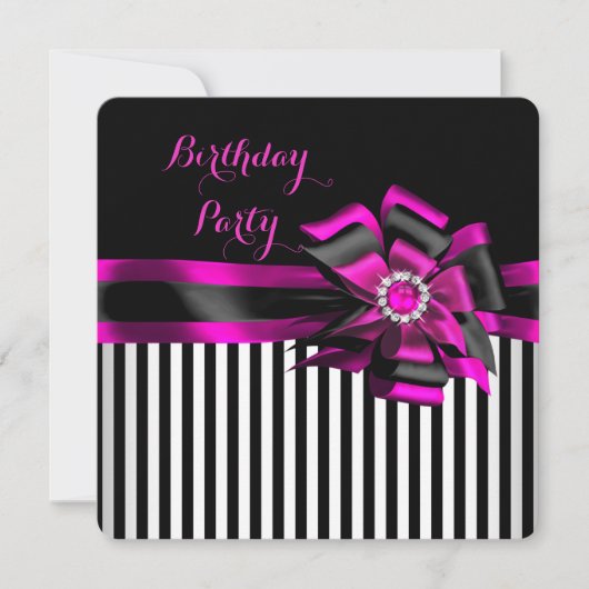 Invitation Élégante Bow noir rose rayé fête d'anniversaire (Devant)