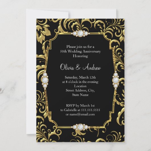 Invitation Élégante Bow or noir diamant 50e anniversaire (Dos)