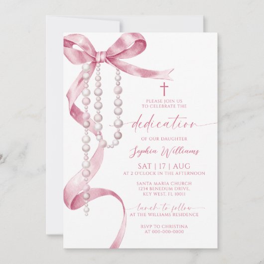 Invitation Élégante Bow rose & Dédication Rosaire (Devant)