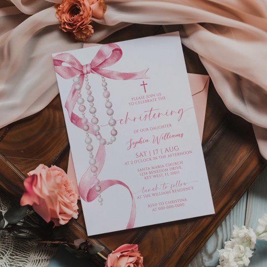 Invitation Elégante Bow rose & Rosary Christening