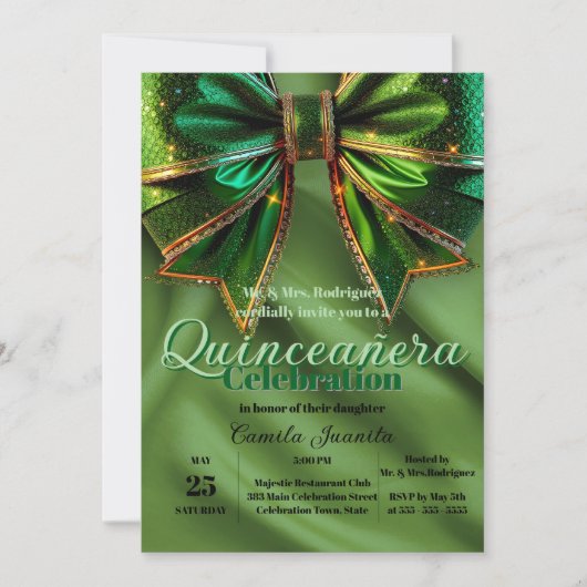 Invitation Elégante Bow verte pétillante sur Satin Quinceañer (Devant)