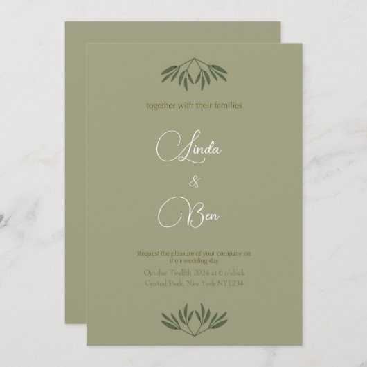 Invitation Élégante branche d'olivier en mariage couleur saug (Devant / Derrière)