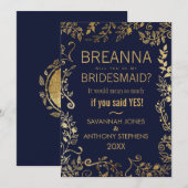Invitation Elégante Bridesmaitres Florales Bleues et Or de la (Devant / Derrière)