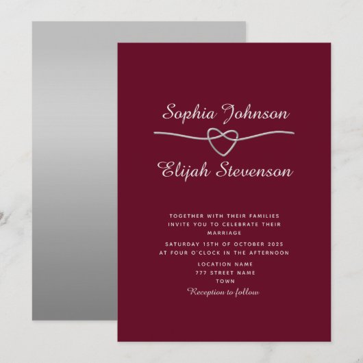 Invitation Elégante Burgundy Argent Mariage Invite (Devant / Derrière)